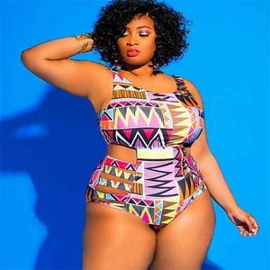 Artı Boyutu Mayo Bandaj Cut Out Mayo Kadın Mayo Afrika Baskı Monokin Büyük Bodysuit Seksi 210625