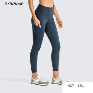 Mat Fırçalanmış Işık Polar Tayt Yüksek Belli Squat Geçirmez Egzersiz 7/8 Yoga Pantolon ile Pockets 25 Inç