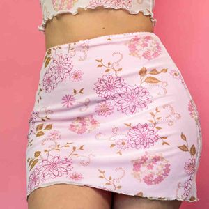 Kawaii Daisy Baskı Y2K Mini Pembe Etekler Kadınlar Femme Tatlı Yaz Yüksek Belli Sevimli Çiçek Desen Kısa Kalem Etek Saias 210415