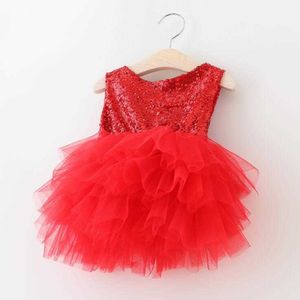 Zarif Bebek Kız Kırmızı Sequins Tutu Elbise Çocuk Noel Örgün Parti Elbiseler ile Yaylar Çarpıcı Toddler 1-5Y Akşam Kostüm 210529