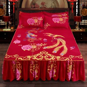 1 ADET Çin Düğün Yatağı Etek Klasik Kırmızı Ejderha ve Phoenix Çarşaf Yatak Örtü Yatak Yenesi (Yastık Dahil) F0025 210420