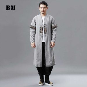 Erkekler Sonbahar Trençkot Pamuk Keten Longline Uzun Kollu Ceket Çin Kurbağa Düğmeleri Kıyafet Palto Pockets ile 211011