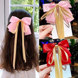 Корейский атласная шпилька с двусторонней лентой Streamer Bow Hair Clips Сплошные Цветовые Барьерки Весна Клип Женщины Аксессуары для волос