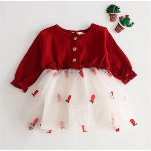 Kırmızı Bebek Kız Elbise Sevgililer Günü Uzun Kollu Gazlı Bez Prenses Elbiseler Giysileri 0-2Y E93001 210610