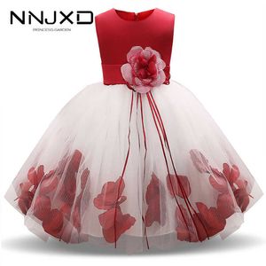 2021 Kızlar Gül Petal Hem Sevimli Prenses Çiçek Elbise Çocuklar Noel Elbiseleri Kız Düğün Doğum Günü Vestidos Parti Elbise 4-10Y Q0716