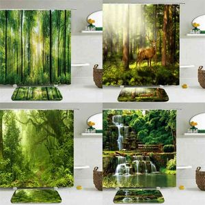 2pcs/set 3d Natural Forest Green Plants Shower Curtain Set Mat Bath Curtains Waterproof Cloth + Non-slip Toilet Bathroom 210830
