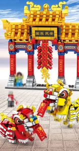 201020 Çin Bahar Festivali Anıt Ağ Geçidi Kiti Çin Archway Modeli Aslan Dans Yapı Taşı Oyuncak