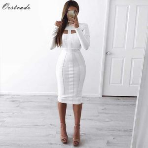 Ocstrade Kadınlar Beyaz Bandaj Elbise Bodycon Gelenler Seksi Cut Out Yüksek Boyun Uzun Kollu Parti Rayon Midi 210527