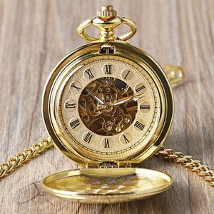 Карманные часы Полный Золотой Цвет Скелет Гладкие Часы Рука Ветер Механические Римские Числовые FOB Мужчины Двойные Открытые Часы для Женщин