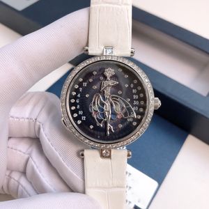 Классический бренд леди кварцевые часы танцы ангел полный алмаз настоящий кожаный танец девушка наручные часы эмаль циферблат подпись часы