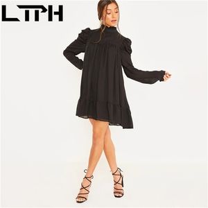 LTPH özel satış gevşek zarif kadın elbise puf kollu balıkçı yaka ruffles a-line artı boyutu şifon elbiseler bahar 210806