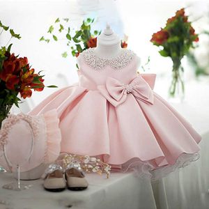 White Wedding Satin Princess Baby Girls Dress Bead Bow Birthday Evening Party Infant Dress for Girl Gala Kid Clothes 2 8 10 Year Q0716