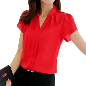 Бренд Женская блузка для тела рубашка с коротким рукавом V-образным вырезом сплошной летней одежды Корейский женский женские женские работы офис одежда шифон блузка топ 210416