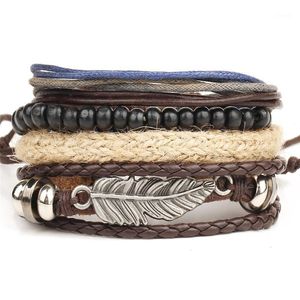 Braclets Charm Braclets Многослойные листья Кожаный браслет ручной работы бусины 4 наборы браслетов для мужчин и женщин ювелирные изделия оптом YP8516