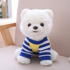 Очаровательны собака плюшевая игрушка чисто белая синяя полоса футболка одетая померанская собачка чучела животных 25см маленький дети подарок 210728