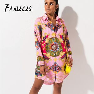 Tasarımcı Pembe barok baskı Elbiseler Pist Yüksek Kaliteli yaz Rahat Gömlek Elbise Kadın Vestidos Robe Femme 210520 dropshopping