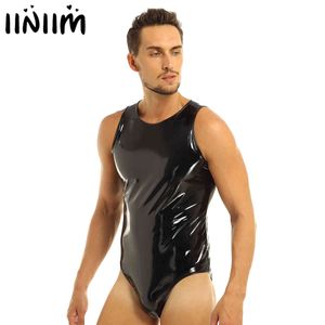 Hot Látex Catsuit Homens Babydoll Body Lingerie Wetlook PVC Couro Tanga Bodysuit Zipper Voltar Macacão Geral Homme Sexy Clubwear L0407