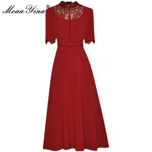 Moda Tasarımcısı Yaz Kırmızı Elbise Kadın Kısa Kollu Dantel Patchwork Yüksek Bel Sashes Zarif Parti MIDI 210524