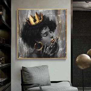 Afrika güzel siyah kadın ile taç sanat boyama tuval resim ev yatak odası duvar dekorasyon boyama için