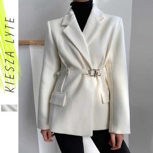 Kadınlar Beyaz Yün Ceket Kış Ofis Bayanlar Zarif Yaka Kemer Toka Yün Blazer Coat Kadın 210608