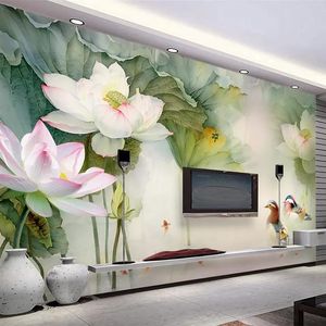 Обои Китайский стиль 3D стерео лотос прус росписи обои гостиная телевизор диван изучение фон стены наклейка самоклеящийся водонепроницаемый