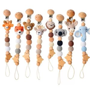 Newborn baby Pacifier Clips knitted animal wooden Beech Pacifiers Soother Cartoon Holder Clip Chain Nipple Teether Strap Chains Infant Gift