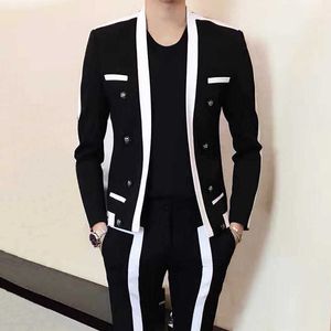 Kontrast Şerit Blalck Beyaz Takım Elbise Erkek Düğün Damat Suit 2019 Sonbahar Kış Kokulu Erkekler Slim Fit Sahne Kıyafet Erkek Parti Takım X0909