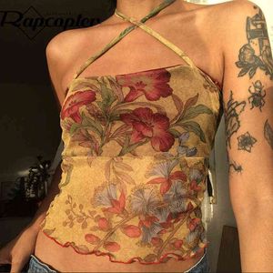 Rapcopter Floral y2k Crop Top Mesh See Through Sexy Corset Top Frill Cross Halter Sweats Female Summer Party Clubwear Cute Vests Y220304