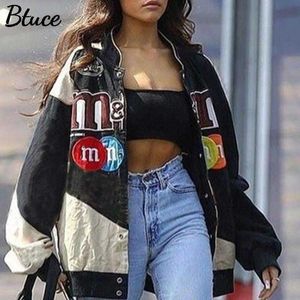 Spring Autumn Women Harajuku Patchwork M Letter Print Bomber Jacket Casual Female Iong Sleeve Zipper Baseball Jacket Coat 210928