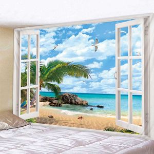 Пляж за окном напечатанный гобелен хиппи стена висит богемные стены гобелены мандалы стена искусства деко 210609