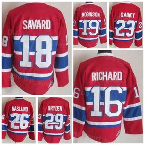 Erkekler Vintage Retro Buz Hokeyi 16 Henri Richard Jersey 18 Serge Savard 19 Larry Robinson 23 Bob Gainey 26 Mats Naslund 4 Jean Beliiveau 1 Jacques Plante CCM Jianadaren