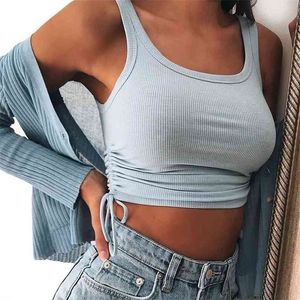 Ruched Sleeveless Tank Tops Tees Women Solid Casual Fashion Crop Top Ladies High Street Tie Up Croptop Summer Fitness 210607