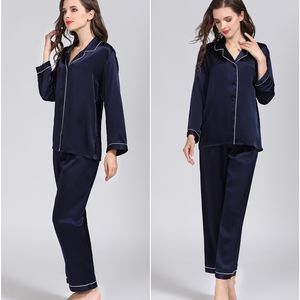 100% чистый шелковый женский классический пижама набор пижама ночная рубашка M L XL YM007 210622