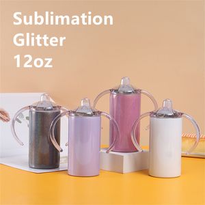 İki kapak! 12 oz Süblimasyon Glitter Sippy Bardaklar Düz Kapakları ile Saplı Kapak 5 Renk Düz Çocuklar Su Şişeleri Paslanmaz Çelik Gözlük Çift Yalıtımlı Kupalar Fedex A12