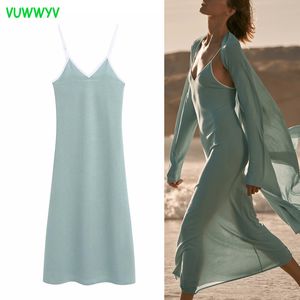 Sundresses Kadınlar Yeşil Plaj Kayma Örme Uzun Elbise Kadın Yaz Backless Jersey Sheer Bayanlar Elbiseler Rahat Vestidos 210430