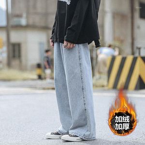 Erkek Kot Moda Açık Mavi Geniş Bacak Jean Pantolon Kış Kadife Kalın Baggy Kore Streetwear Gevşek Düz Erkek Sıcak Denim