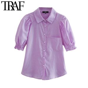 TRAF Kadınlar Moda ile Faux Inci Düğmeler Keten Bluzlar Vintage Yaka Yaka Kısa Kollu Kadın Gömlek Chic Tops 210415