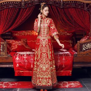 Kadınlar Kırmızı Oryantal Qipao Gelin Gelinlik Kıyafeti Çin Tarzı Nakış Cheongsam Tost Giyim Suit Evlilik Hediye Etnik