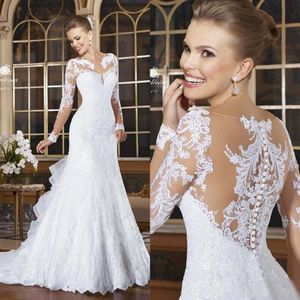 2021 Vintage romántico manga larga sirena vestidos de novia apliques encaje cuello transparente vestido de novia vestidos de novia robe de mariage