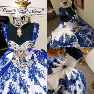 Royal Blue and White Quinceanera Dresses 2022, Straps Satin Lace Applique Beaded Prom Ball Gown, Custom Made Vestidos Formal Evening Wear Corset Back Crystals