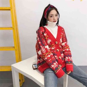 Bahar Noel büyük kırmızı hırka kazak kadın ceket uzun bölümünde kalın Kore versiyonu gevşek 210427
