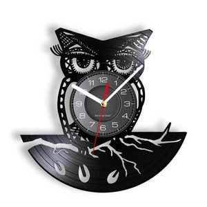 Ночная сова виниловая запись настенные часы детская комната детская комната комната птица искусства декор винтажный альбом реконструированные записи часов часы H1230