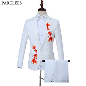 Altın Balık Desen Nakış Erkekler Pantolonlu Erkek Takım Elbise Mens Moda Beyaz Erkekler Takım Elbise Mens Slim Fit Smokin Sahne Kostüm Masculino 210524