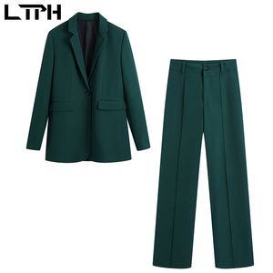 Vintage Koyu Yeşil Ofis Lady 2 Parça Set Kadın Blazer Yüksek Bel Pantolon Iş Rahat Setleri Pantolon Takım Elbise Bahar 210427