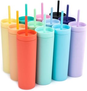 Renkli 16 oz akrilik tumbler kapaklı pipetler plastik bardak çift duvar süt kahve fincanları mat şeker renkleri seyahat için ince bardak fy4409