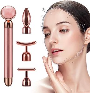 4 em 1 24k Golden Electric Jade Massage Rolling Lifting Vibrating Natural Rose Quartz Jade Roller Facial Beauty Tool Firming Face Firming