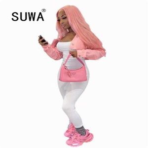 Toptan Ürün Kadınlar Pembe Giysileri Uzun Kollu Tek Göğüslü Kısa Palto ve Ceketler Serin Kız K-Pop Tarzı Streetwear 210525