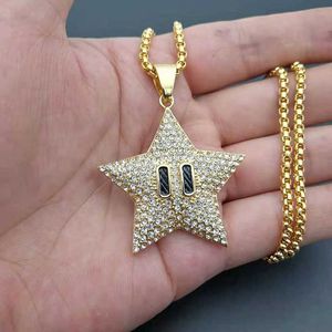 Hip Hop Bling Buzlu Out Rhinestones Altın Paslanmaz Çelik Pentagram Yıldız Kolye Kolye Erkekler Raper Takı Bırak