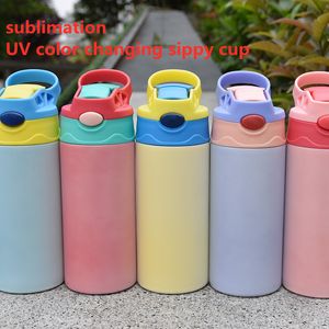Сублимационный ультрафиолетовый цвет смена Sippy чашка прямые детские бутылки из нержавеющей стали Внутренние бутылки двойной стены с крышками и соломой