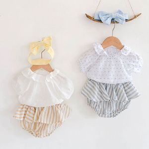 Baby Outfits Одежда набор, рожденный лотос листьев воротник топ и полосатые брюки юбка + волосы младенческие девушки одежда 210429